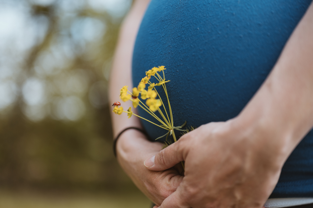 Babybauch mit Wildblumen und Marienkäfer – MALEA Fotografie Darmstadt