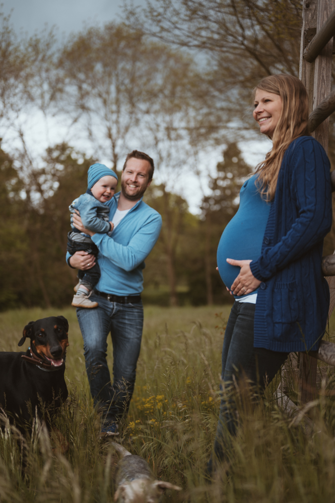 Schwangere Frau lehnt am Zaun, Vater trägt Kind, Hund im Vordergrund auf der Wiese – Familienfotografie Darmstadt